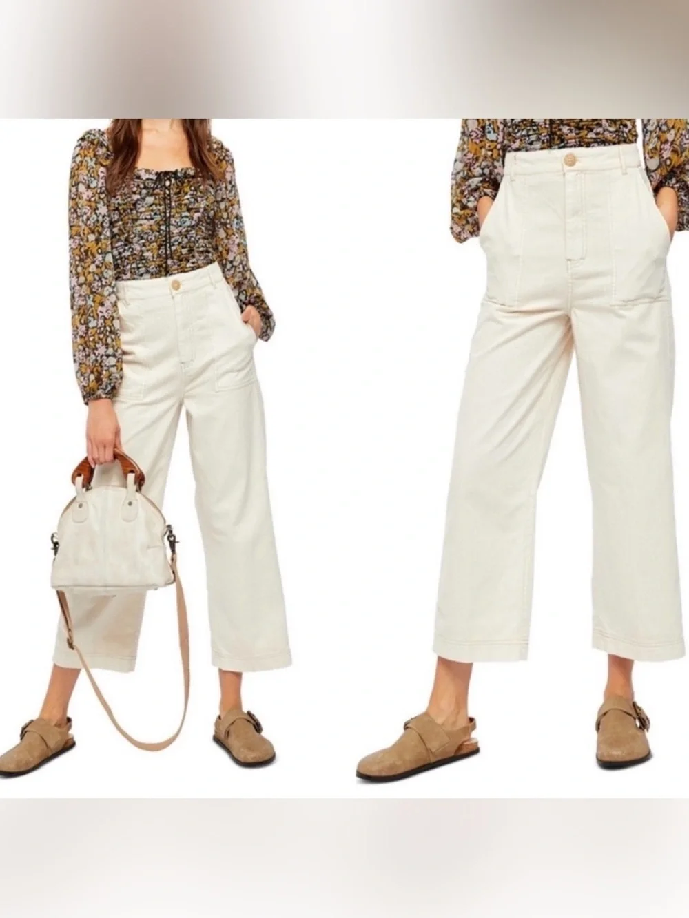 Free People Sunday Skies Herringbone Wide Leg Ankle Length Pants Size 8